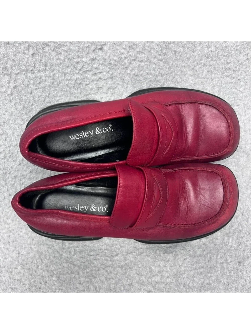 Wesley Co Vintage 90s Dark Academia Chunky Platform Loafers Red Leather 5 Grunge